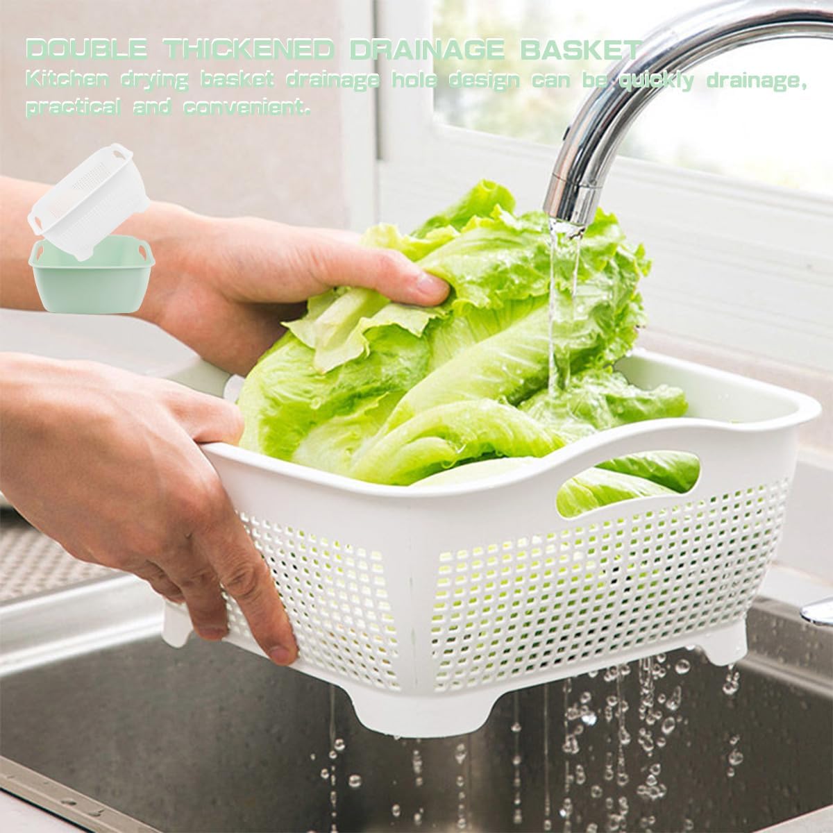 Double-layer Plastic Fruits Vegetable Washing Basket Food Storage Multi-layer Stackable Vegetable Sinks Wash Drain Basket for Kitchen (White)