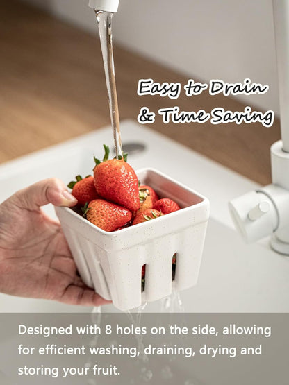 Gomakren Ceramic Berry Basket Set of 2, Round Fruit Bowl with Holes, Fruit Storage Containers for Fridge, Small Fruit Basket for Kitchen Counter, Berries, Strawberry, Mothers Day Gifts, White