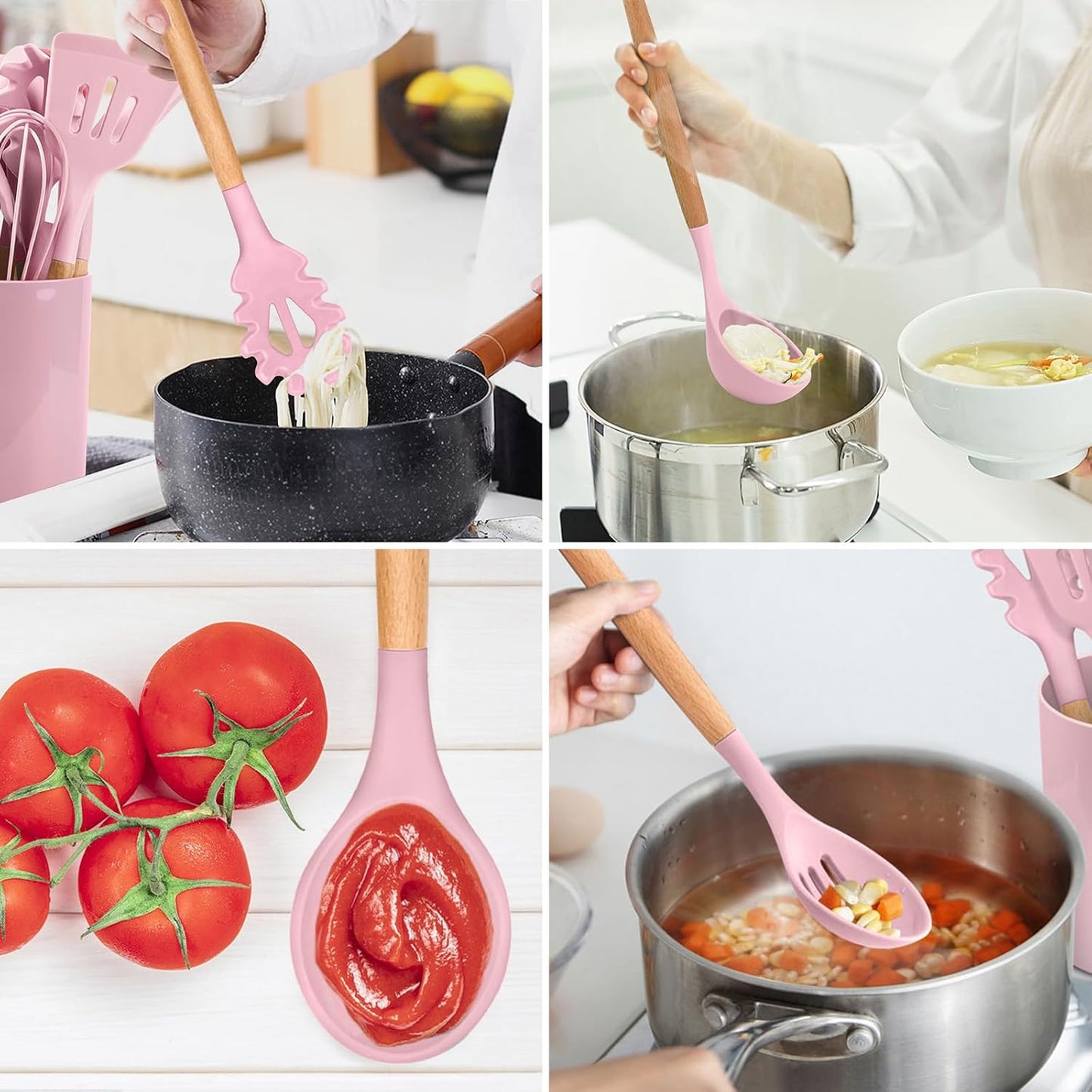 E-far Cooking Utensils Set of 6, Silicone Kitchen Utensils with Wooden Handle, Non-stick Cookware Friendly & Heat Resistant, Includes Spatula/Ladle/Slotted Turner/Serving Spoon/Spaghetti Server(Khaki)