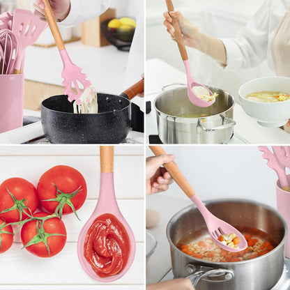 E-far Cooking Utensils Set of 6, Silicone Kitchen Utensils with Wooden Handle, Non-stick Cookware Friendly & Heat Resistant, Includes Spatula/Ladle/Slotted Turner/Serving Spoon/Spaghetti Server(Khaki)