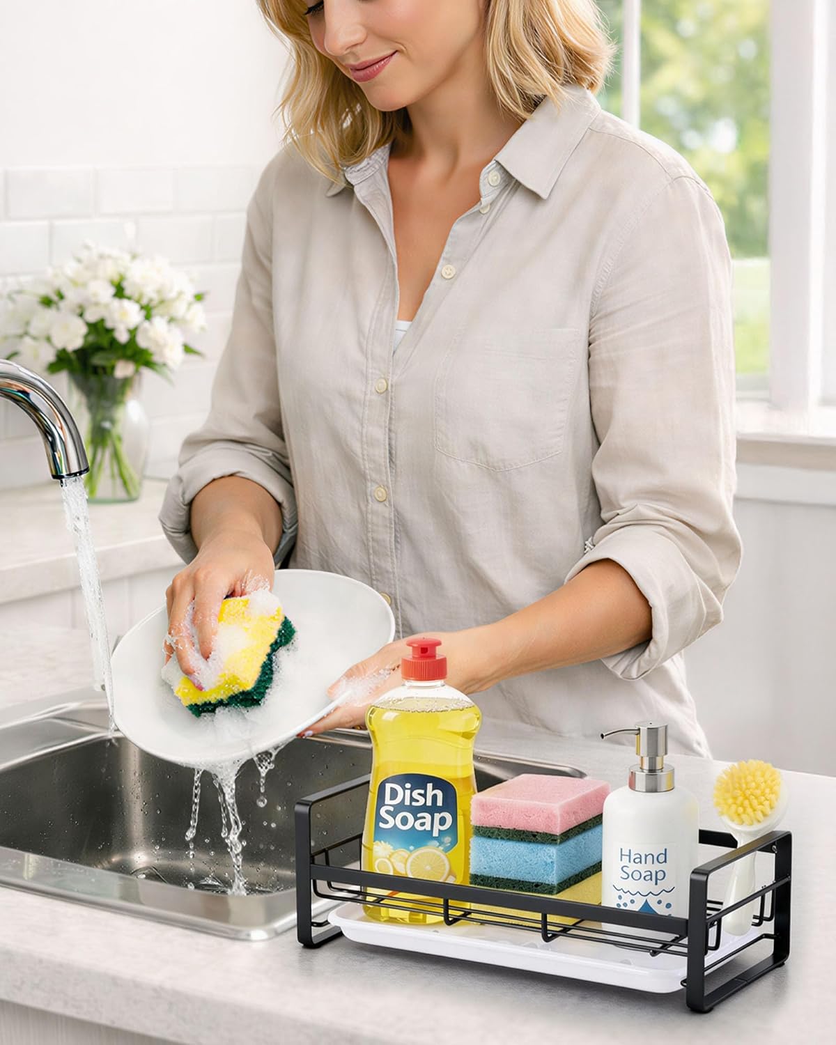 HULISEN Kitchen Sink Sponge Holder, 304 Stainless Steel Kitchen Soap Dispenser Caddy Organizer, Countertop Soap Dish Rack Drainer with Removable Drain Tray, not Including Dispenser and Brush