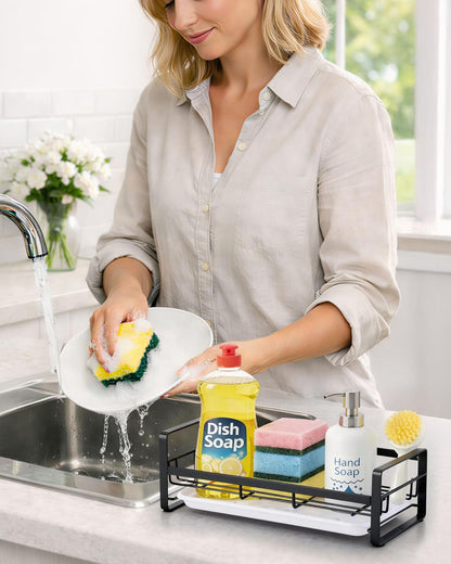 HULISEN Kitchen Sink Sponge Holder, 304 Stainless Steel Kitchen Soap Dispenser Caddy Organizer, Countertop Soap Dish Rack Drainer with Removable Drain Tray, not Including Dispenser and Brush