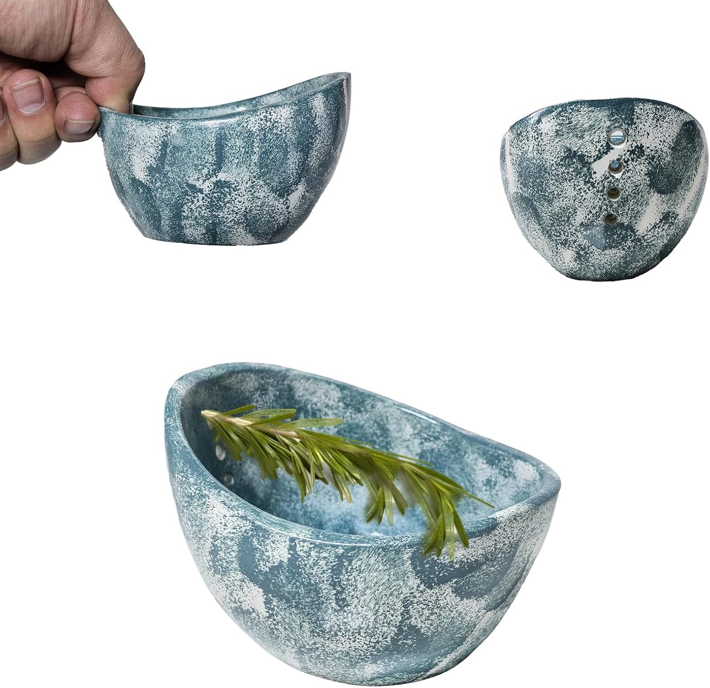 Pottery Herb Stripper Bowl，Small Handmade Herb Stripper Tool，Unique Ceramic Herb Stripper，with Different Hole Sizes for Separating Leaves and Stems，Suitable For Coriander, Rosemary, Etc (blue)