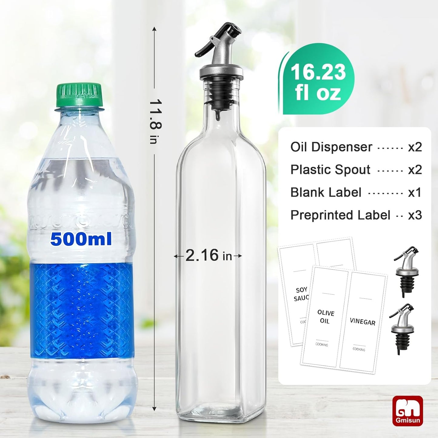 gmisun Olive Oil Dispenser for Kitchen, 4 Pack 17 fl oz Glass Oil Dispensers Bottle, Cooking Soy Sauce Bottle Container Cruet with Plastic Pourer Spout, Funnel and Labels, Clear