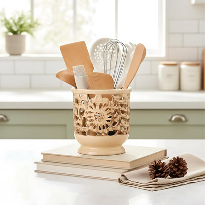 Farmhouse Kitchen Utensil Holder for Countertop, Ceramic Large Cooking Utensil Crock with Cork Mat, Decorative Rustic Utensil Holder for Kitchen Counter, Hollow Carving Flower, Blue