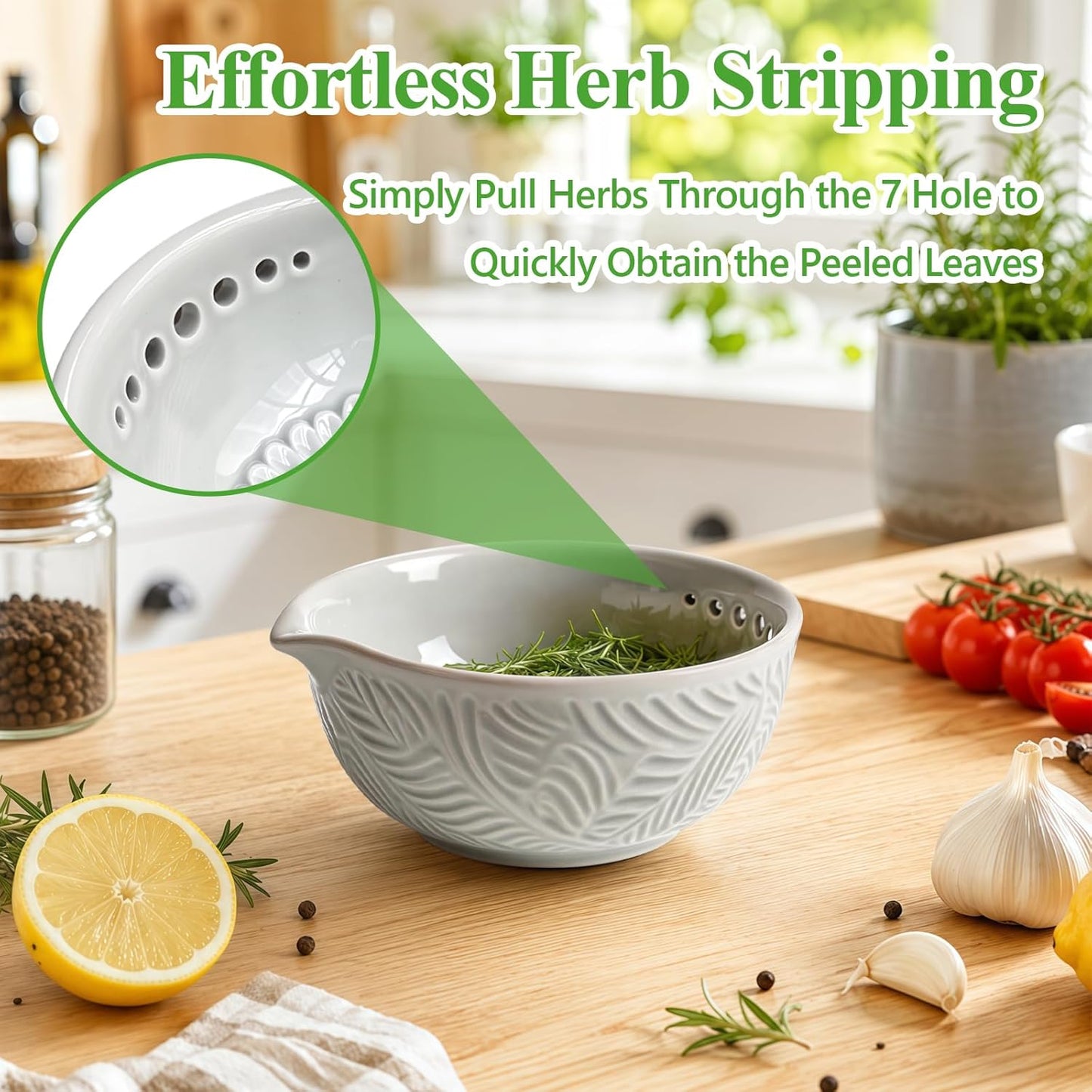 Joyzan Herb Stripper Garlic Grater, Ceramic 3 in 1 Handmade Ginger Bowl Herbs Leaf Peeling Stripping Plate 7 Hole Sizes Pottery Peeler Stripper Kitchen Tools Kale Chard Collard Thyme Basil Rosemary