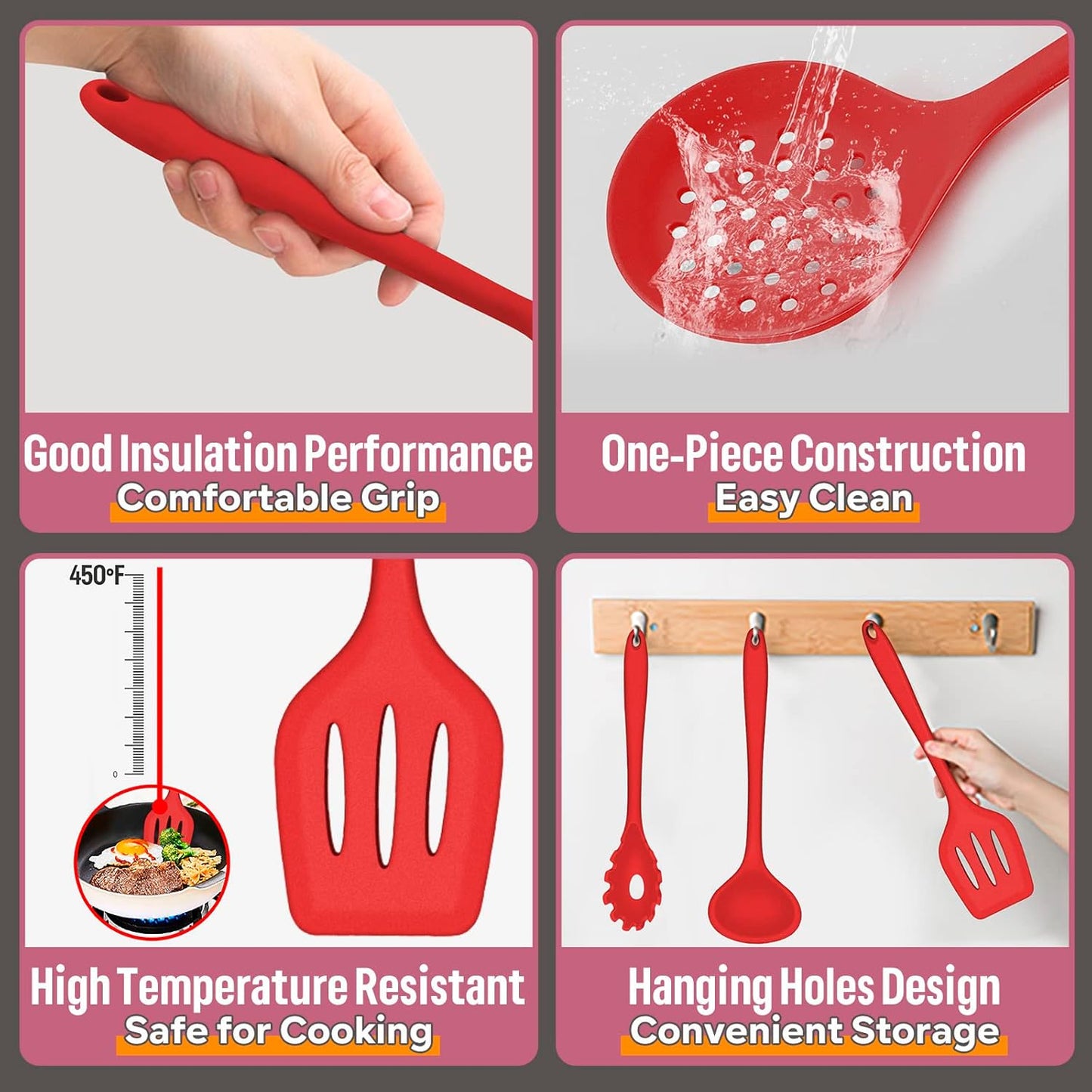 E-far Silicone Cooking Utensils Set, 7-Piece Black Heat Resistant Kitchen Utensils Set, Kitchen Nonstick Tools Spatula Ladle Spoon Pasta Server for Non-stick Cookware, Non-Toxic & Dishwasher safe