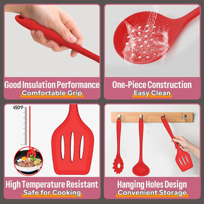 E-far Silicone Cooking Utensils Set, 7-Piece Black Heat Resistant Kitchen Utensils Set, Kitchen Nonstick Tools Spatula Ladle Spoon Pasta Server for Non-stick Cookware, Non-Toxic & Dishwasher safe