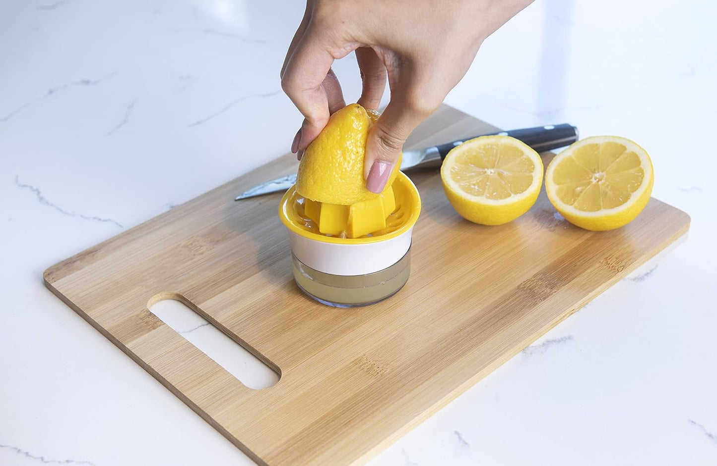Joie Lemon and Lime Small Hand Juicer and Reamer, Built-In Measuring Cup, 1oz/30ml, Easy to Strain, Stores Leftover Juice, BPA-Free, Dishwasher Safe