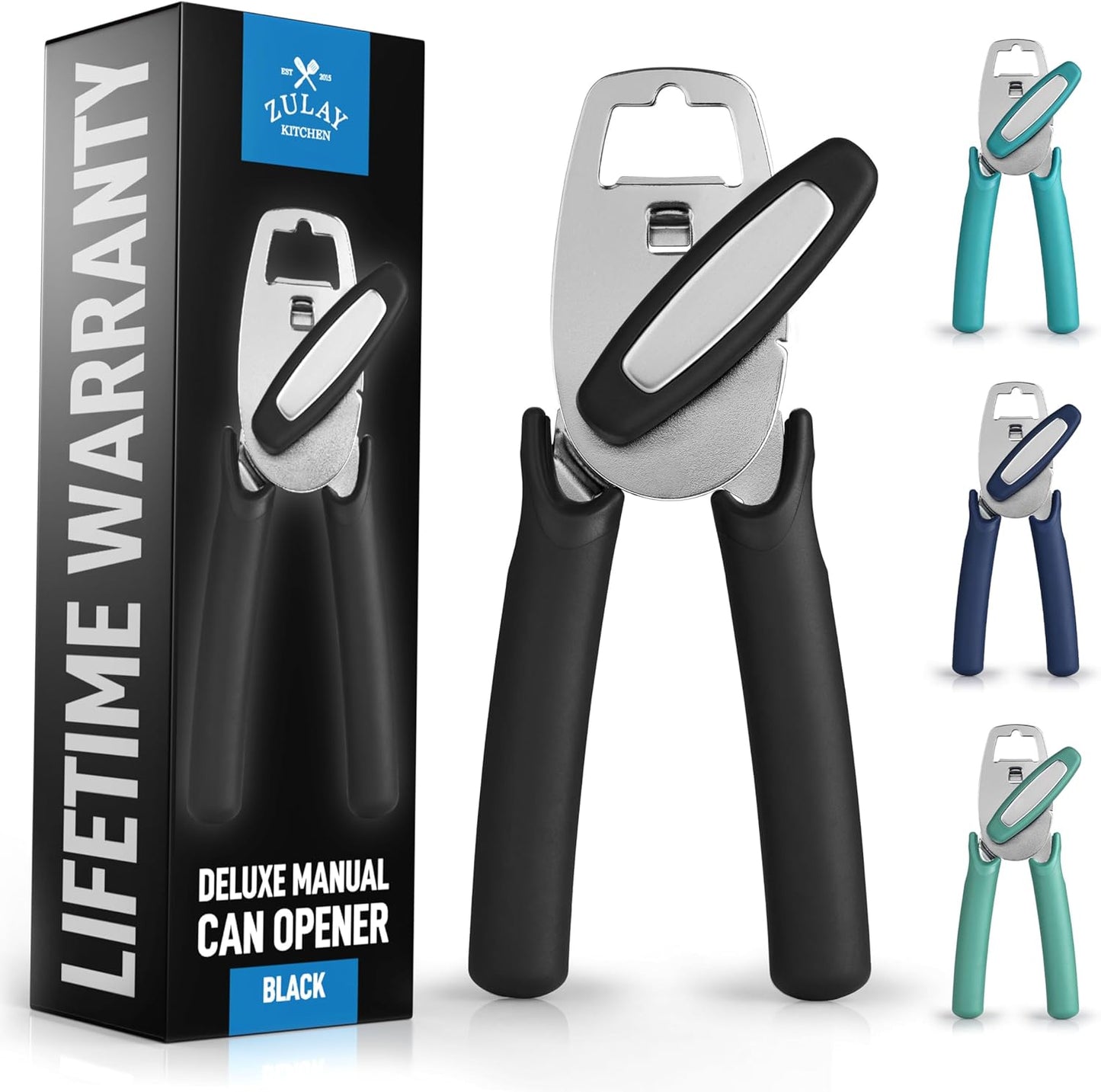 Zulay Kitchen Can Opener with Large Bottle Opener - Heavy Duty Stainless Steel Manual Can Opener with Turn Knob and Soft Grip Handles - Black