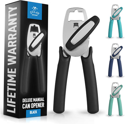 Zulay Kitchen Can Opener with Large Bottle Opener - Heavy Duty Stainless Steel Manual Can Opener with Turn Knob and Soft Grip Handles - Black