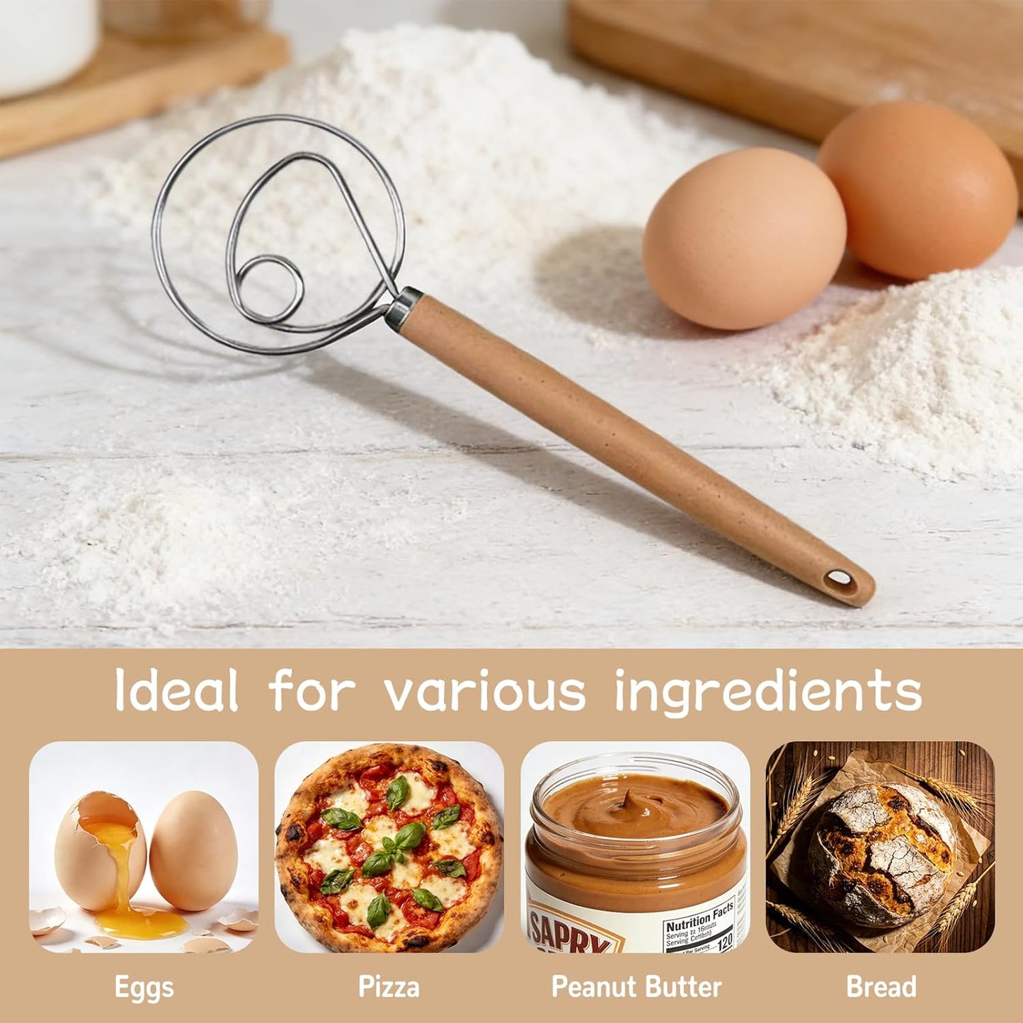 Stainless Steel Dough Whisk with Wood Handle,Premium Bread Whisk for Baking, Rust-Proof Kitchen Utensil