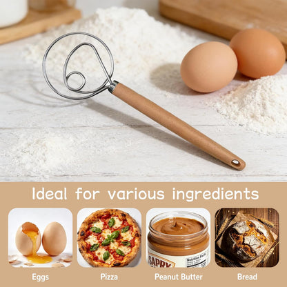 Stainless Steel Dough Whisk with Wood Handle,Premium Bread Whisk for Baking, Rust-Proof Kitchen Utensil