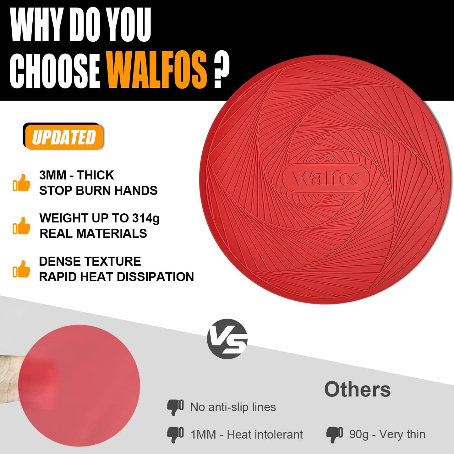 Walfos Silicone Trivet Mats - 4 Heat Resistant Pot Holders, Multipurpose Non-Slip Hot Pads for Kitchen Potholders, Hot Dishers, Jar Opener, Spoon Holder, Food Grade Silicone & BPA Free (Black)