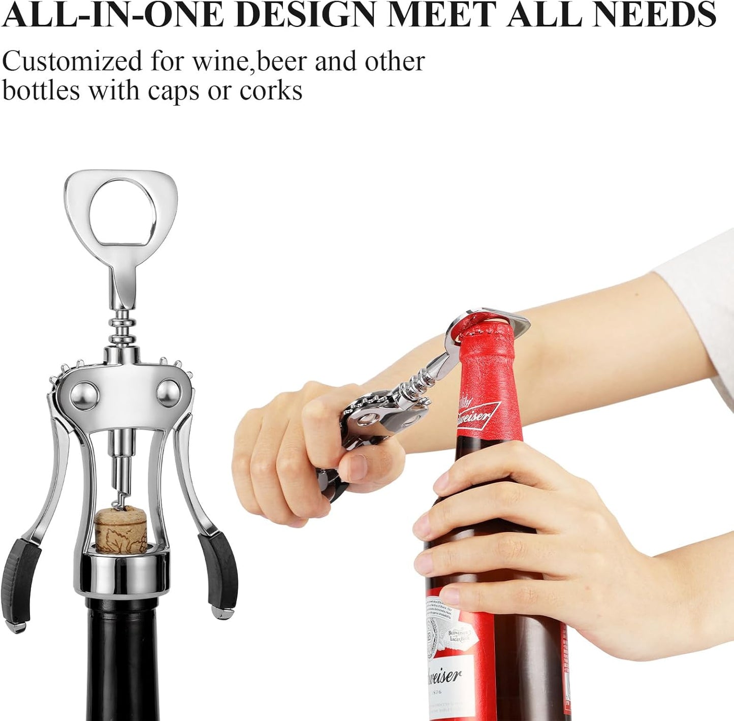 KORCCI Wine Opener, Heavy-Duty Zinc Alloy Wing Corkscrew, Premium Beer Bottle Opener, Multifunctional Wine Accessories with Ergonomic Handle and Sharp Screw, for Kitchen, Bar, Restaurant (SILVER)