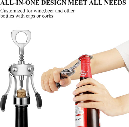 KORCCI Wine Opener, Heavy-Duty Zinc Alloy Wing Corkscrew, Premium Beer Bottle Opener, Multifunctional Wine Accessories with Ergonomic Handle and Sharp Screw, for Kitchen, Bar, Restaurant (SILVER)