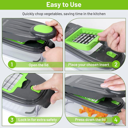 2-in-1 Vegetable Dicer, Onion Chopper with 6.7mm and 13.5mm Dicing Blades, 1.5L Food Prep Container for Salad, Potato, Tomato, Home Kitchen Meal Prep (White & Black)