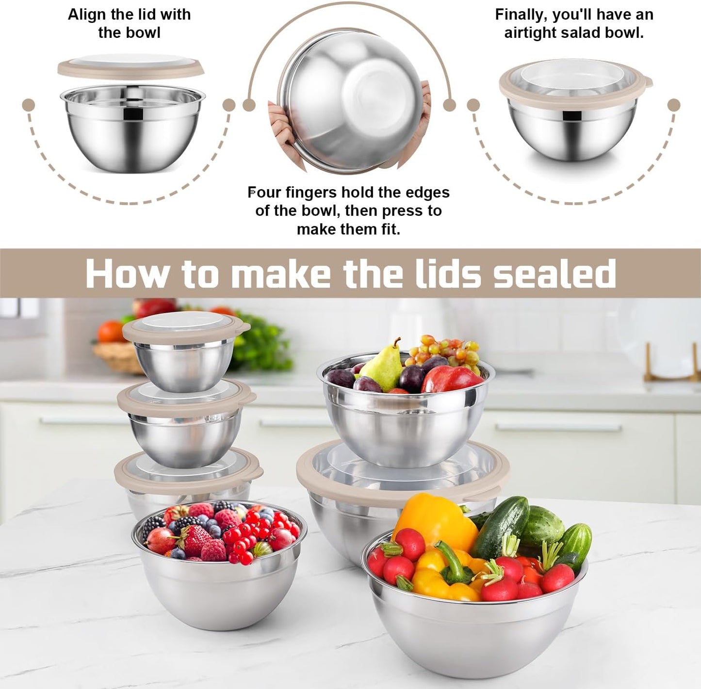 E-far Stainless Steel Mixing Bowls with Airtight Clear Lids Set of 7, Metal Nesting Bowls for Kitchen Prep, Baking, Cooking, Serving, Salad, Dishwasher Safe, Size 4.6, 3.5, 3, 2, 1.5, 1, 0.7QT, Khaki