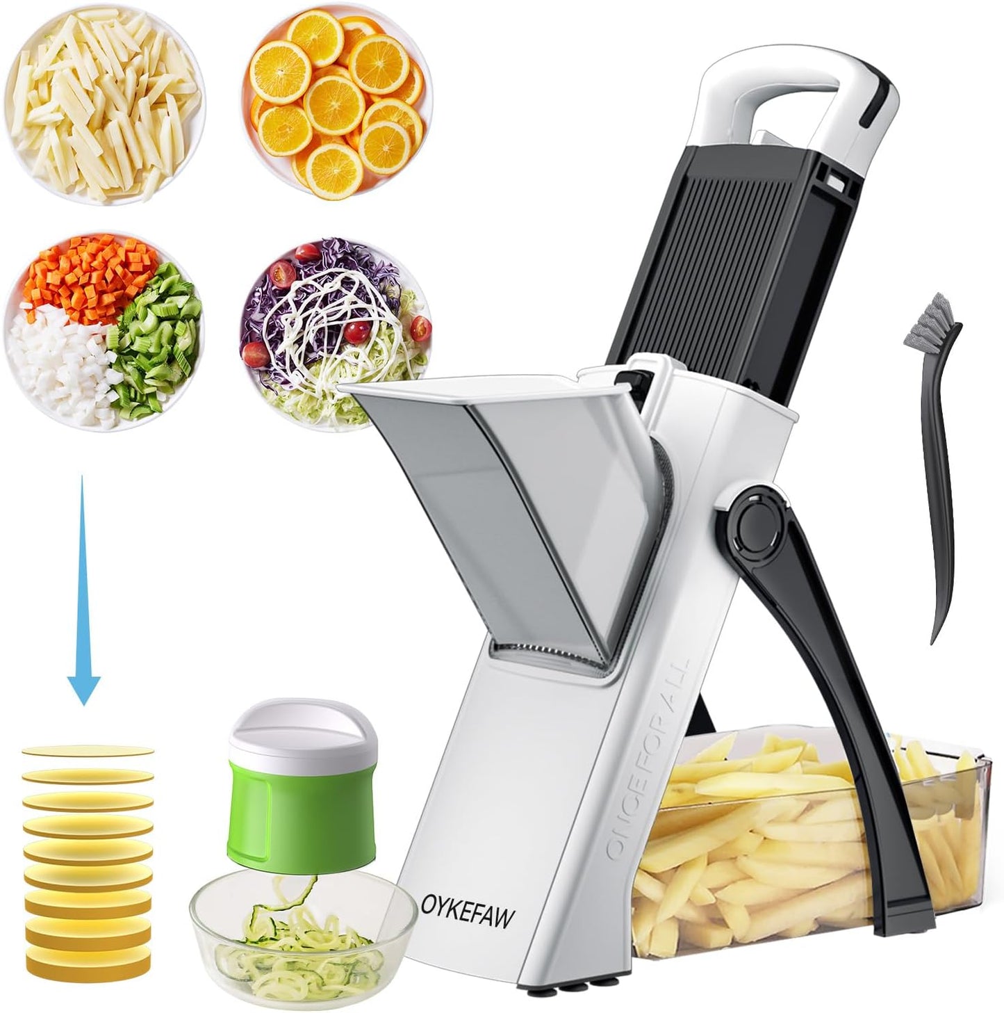 Safe Mandoline Slicer for Kitchen, 6 in 1 Vegetable Chopper, French Fry Cutter For Potatoes, Potato Slicer,Food Chopper,Adjustable Thickness 0.1-8 mm, With Peeler/Cleaning Brush (Black)