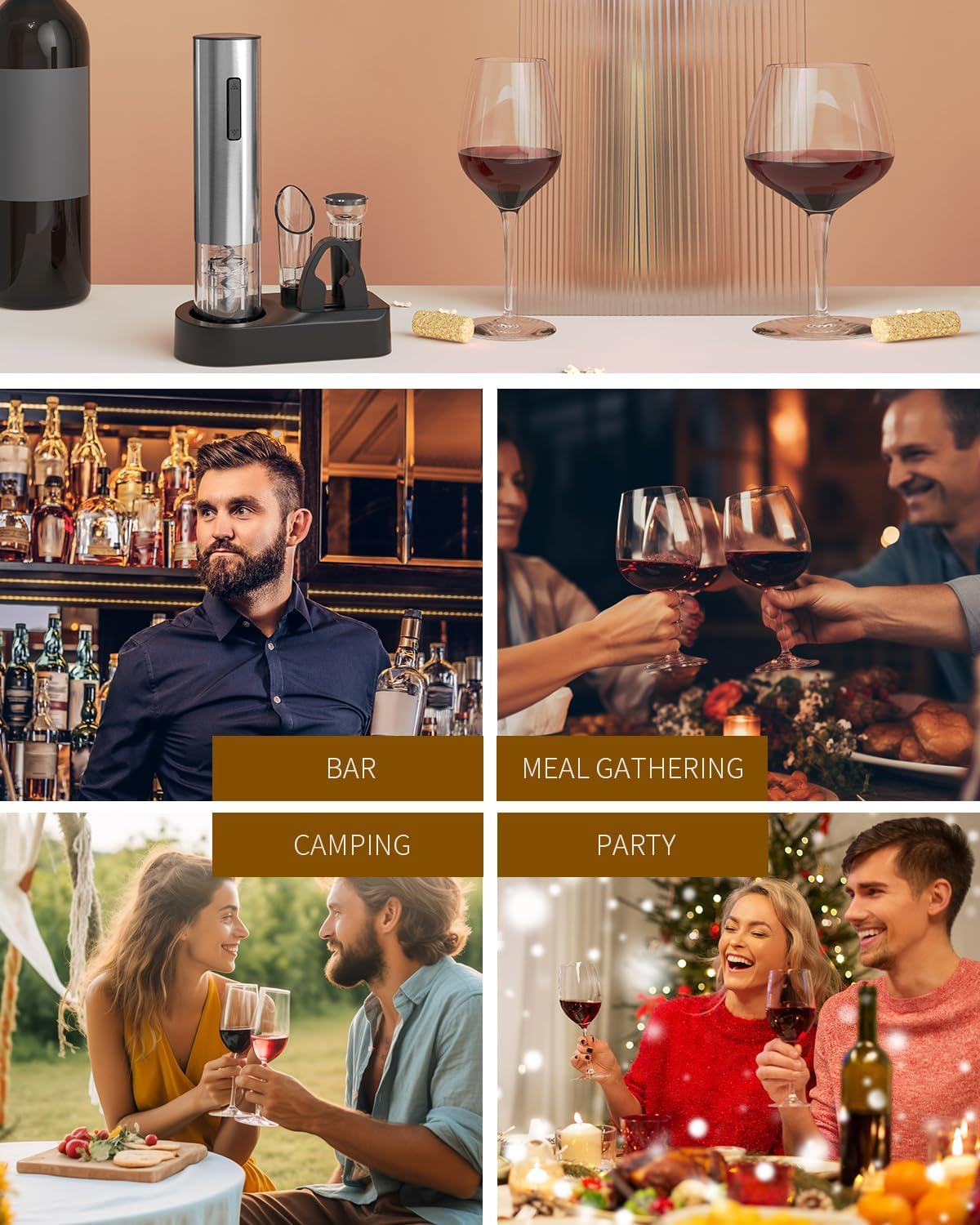 CIRCLE JOY Electric Wine Opener Stainless Steel Rechargeable Automatic Wine Bottle Opener Set 7-in-1 Wine Gifts for Wine Lovers with Charging Base, Foil Cutter, Wine Aerator Pourer & 2 Vacuum Stoppers