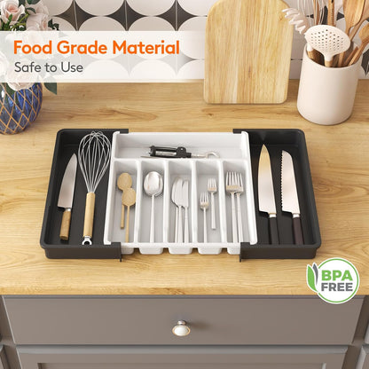 Lifewit Silverware Drawer Organizer, Expandable Utensil Tray for Kitchen, BPA Free Flatware and Cutlery Holder, Adjustable Plastic Storage for Spoons Forks Knives, 11-18 x 14", Black