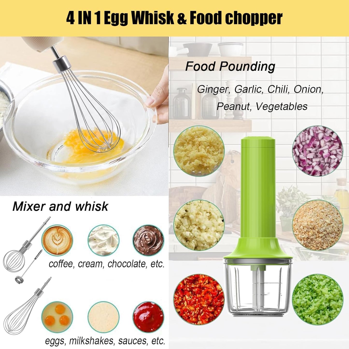 Cordless Hand Mixer MixgoII, Handheld Mixer Electric Whisk & Milk Frother, Hand Held Mini Mixers, Rechargeable Hand Mixer and Whisker, Food Processor for Cooking, Food Chopper, 4-Speed, 10Oz