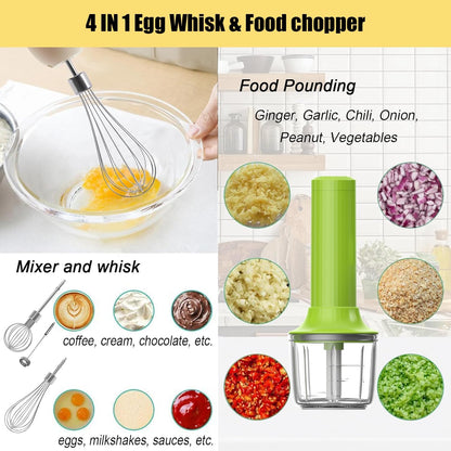 Cordless Hand Mixer MixgoII, Handheld Mixer Electric Whisk & Milk Frother, Hand Held Mini Mixers, Rechargeable Hand Mixer and Whisker, Food Processor for Cooking, Food Chopper, 4-Speed, 10Oz