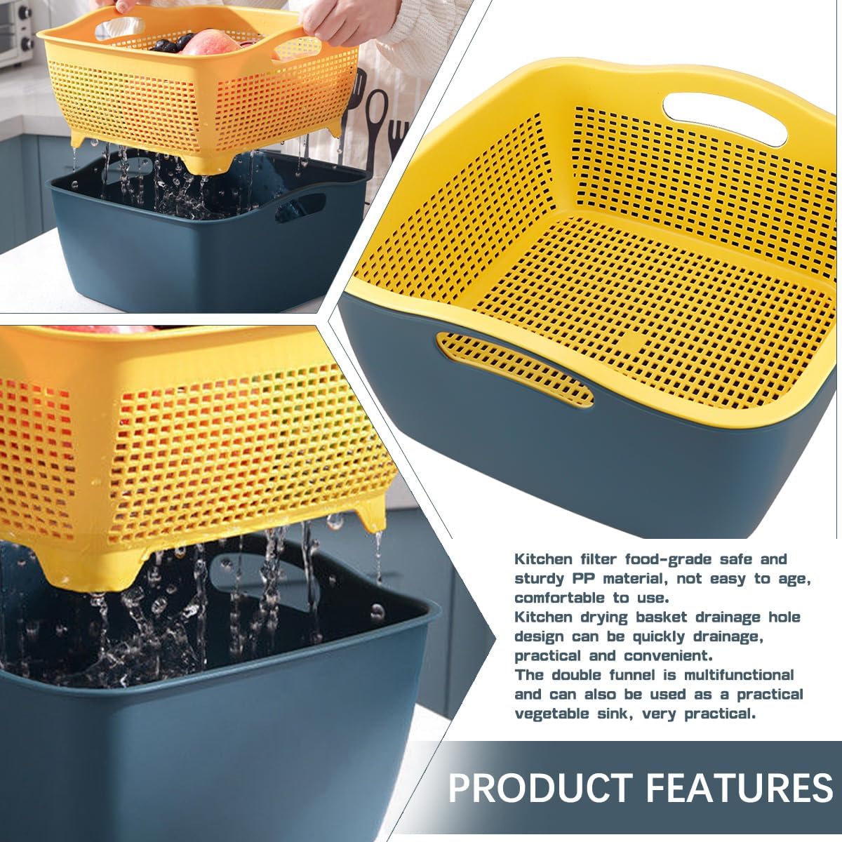 Double-layer Plastic Fruits Vegetable Washing Basket Food Storage Multi-layer Stackable Vegetable Sinks Wash Drain Basket for Kitchen (White)