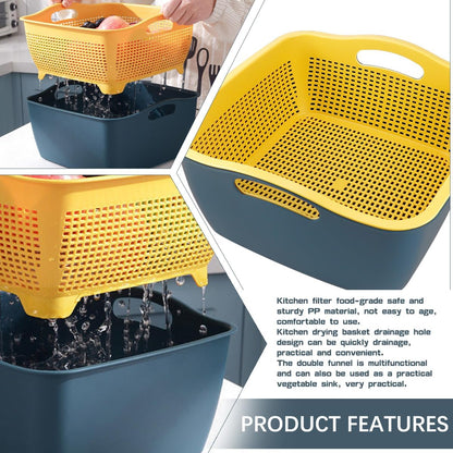 Double-layer Plastic Fruits Vegetable Washing Basket Food Storage Multi-layer Stackable Vegetable Sinks Wash Drain Basket for Kitchen (White)
