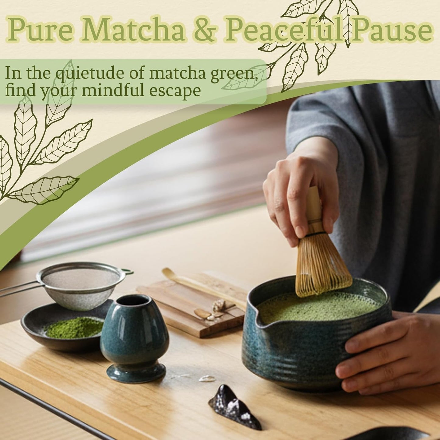 8 Pcs Matcha Whisk Set Chasen Matcha Whisk Bamboo Bowl with Spout Sifter Spoon Scoop Whisk Holder Bamboo Mat Complete Matcha Making Kit (Red Petal)