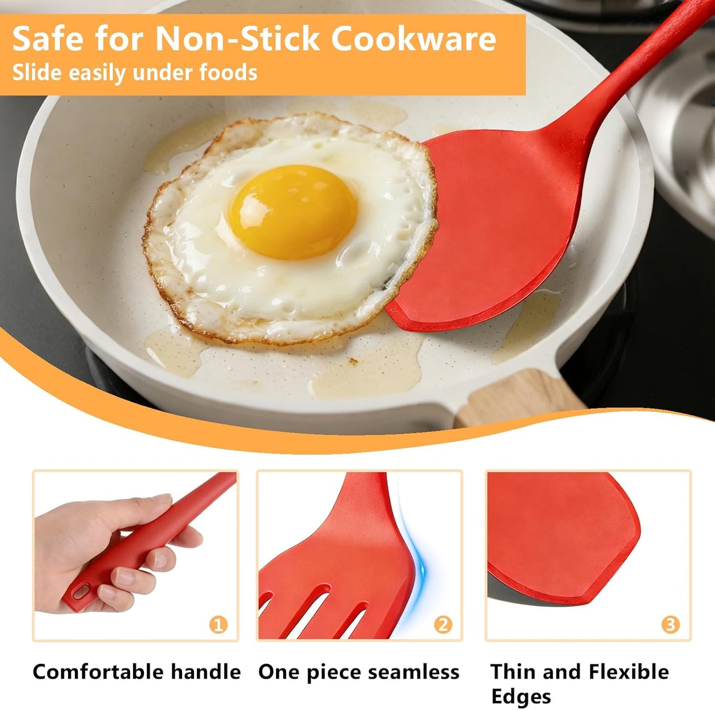 Silicone Spatula Turner Set, 600°F High Heat Resistant Spatulas for Cooking, BPA Free, Large Flexible Kitchen Utensils Flipping Eggs, Pancakes, Fish, Burgers, Dishwasher Safe (4 Pack, Black)