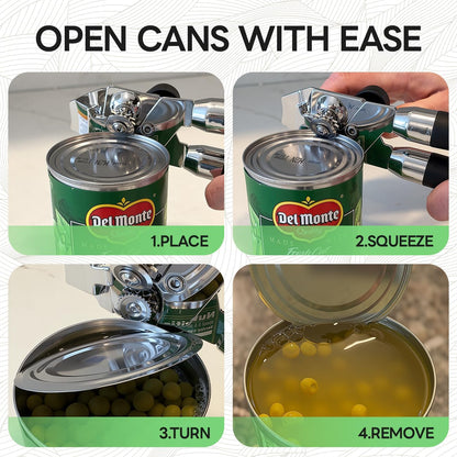 Stainless Steel Manual Can Opener with Bottle Opener - Razor Sharp Cutting Wheel, Soft Ergonomic Grip Handles, Oversized Easy-Turn Knob, Smooth Edge Safe Operation, Black