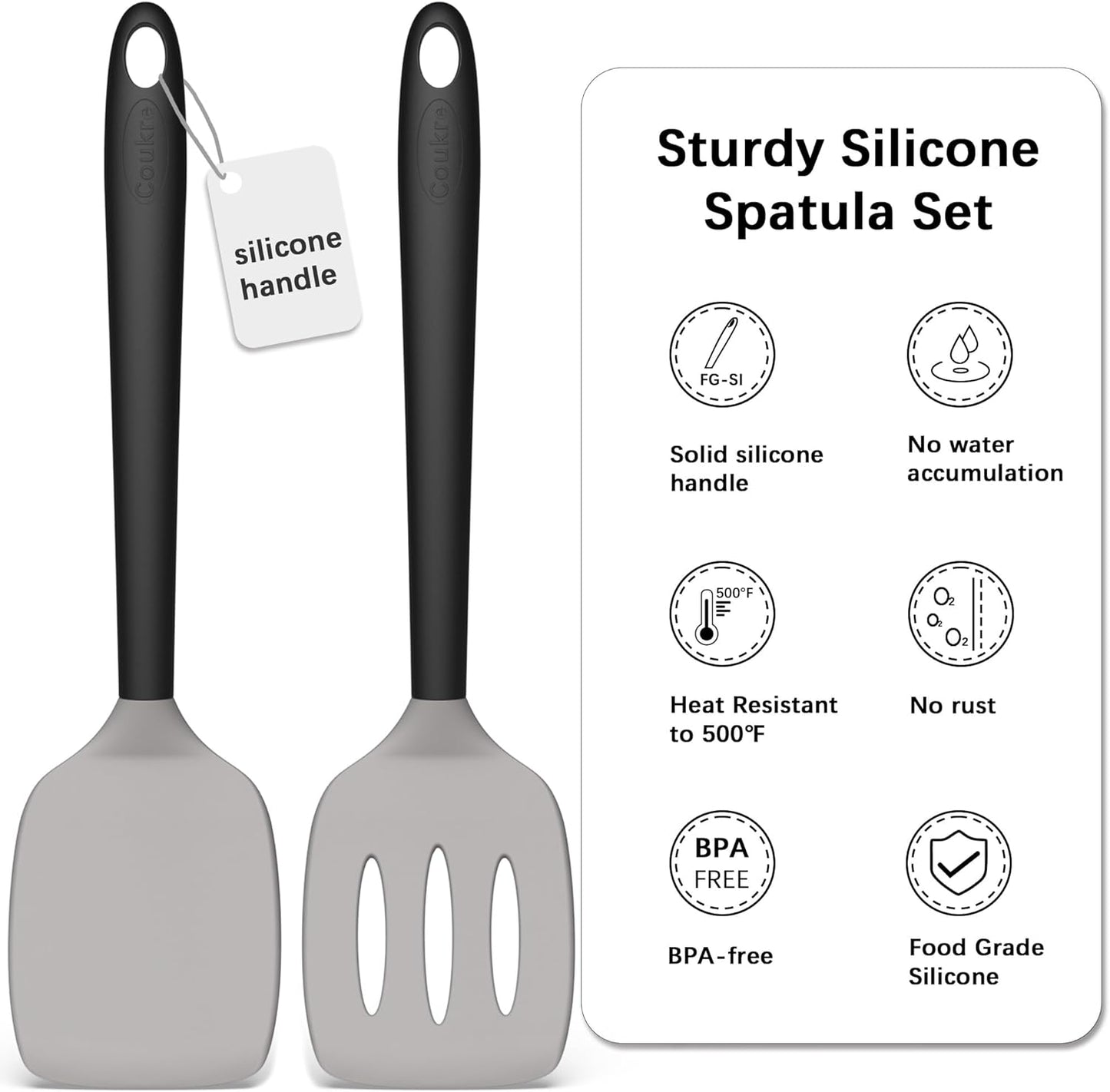 Coukre 2 Pack Silicone Spatula Set, High Heat Resistant, BPA Free Kitchen Spatula, Solid & Slotted Turner for Non-Stick Pans, Sautéing, and Flipping (2, PureBlack)