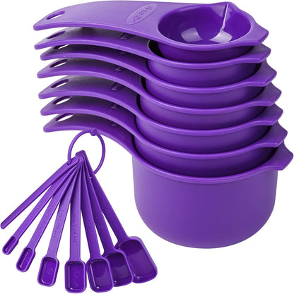 Plastic Measuring Cups and Spoons Set, 7 Plastic Measuring Cups and 7 Measuring Spoons with 1 Leveler, Engraved Both US&Metric Measure Cup Spoon for Kitchen&Baking Yellow