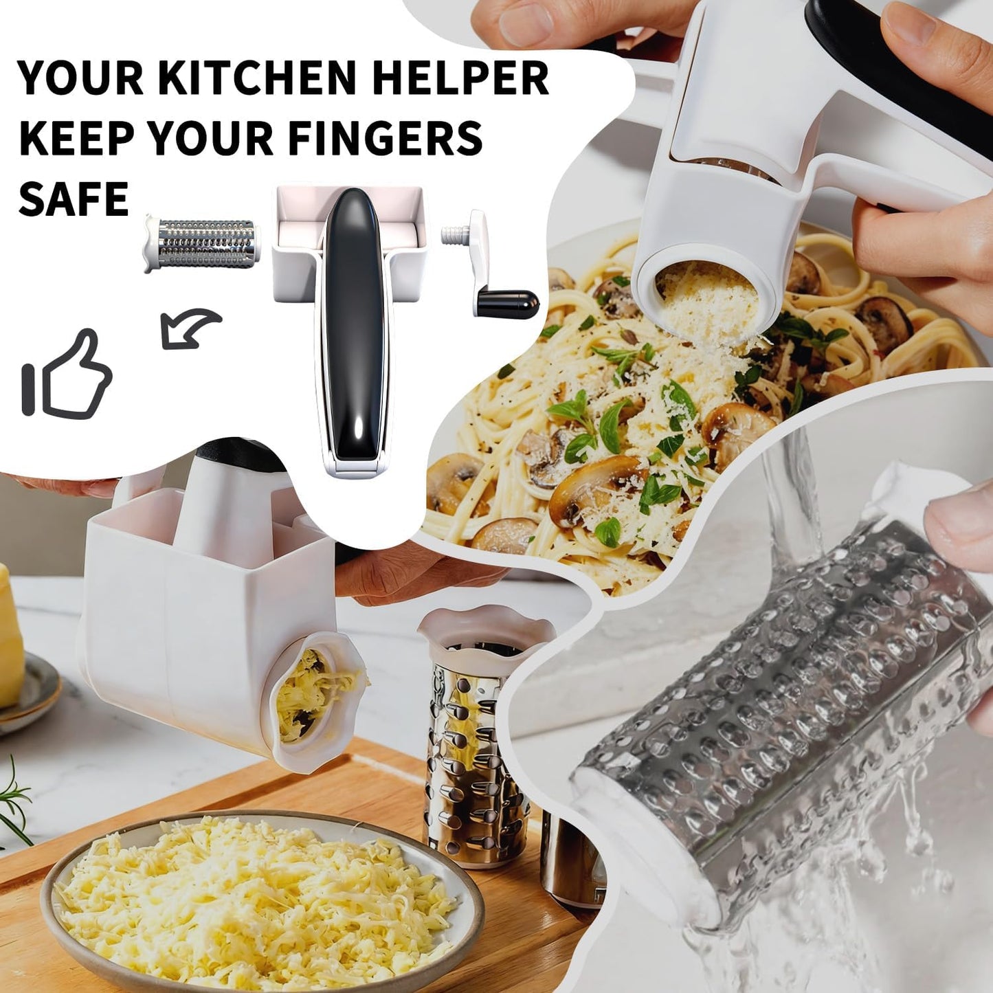 Hand-cranked cheese grater, rotary cheese grater, restaurant-quality, with handle, designed for hard cheese and chocolate, white model