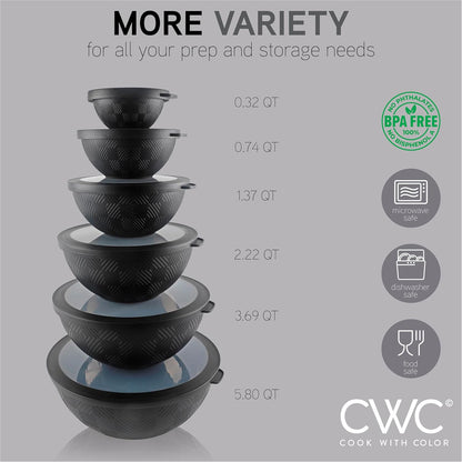 COOK WITH COLOR Mixing Bowls with Lids - 12 Piece Plastic Nesting Bowls Set includes 6 Prep Bowls and 6 Lids, Microwave Safe Mixing Bowl Set, Black Embossed - Colors B