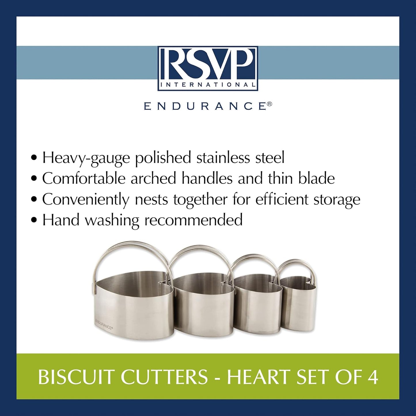 RSVP International Endurance Round Biscuit Cutters - Stainless Steel, Set of 4 | Nest for Easy Storage | For Cutting Thick or Thin Dough | Professional | High Handle Arch