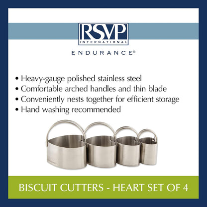 RSVP International Endurance Round Biscuit Cutters - Stainless Steel, Set of 4 | Nest for Easy Storage | For Cutting Thick or Thin Dough | Professional | High Handle Arch
