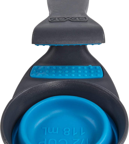 Dexas Popware for Pets Collapsible Klip Scoop, 3 in 1 Design Convenient Measuring Cup, Food Scooper and Bag Clip, 1Cup Capacity Pet Food Scoop, Versatile Food Measuring Cups Portion Control Gray/Blue