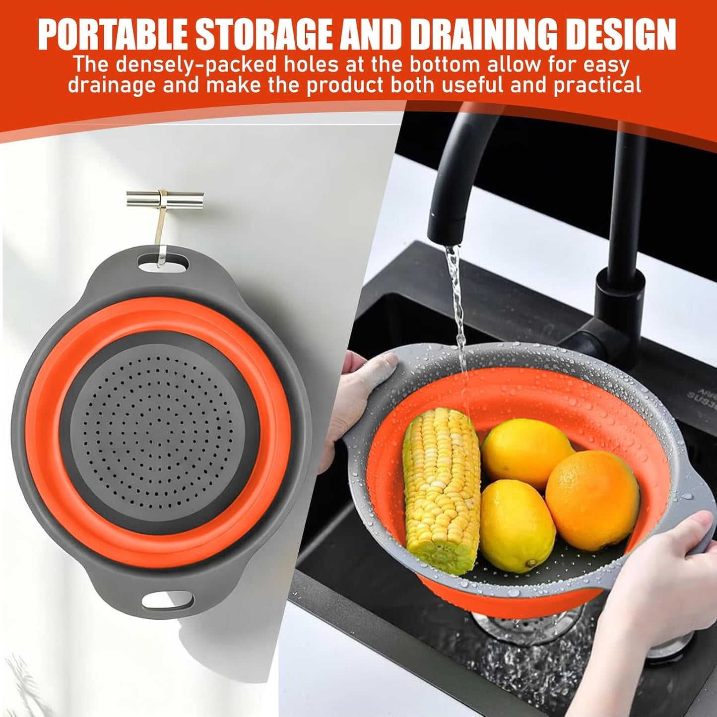 Collapsible Colanders, Food Strainers for Kitchen Use, Food-Grade Silicone Folding Strainer for Rinsing and Draining, Orange