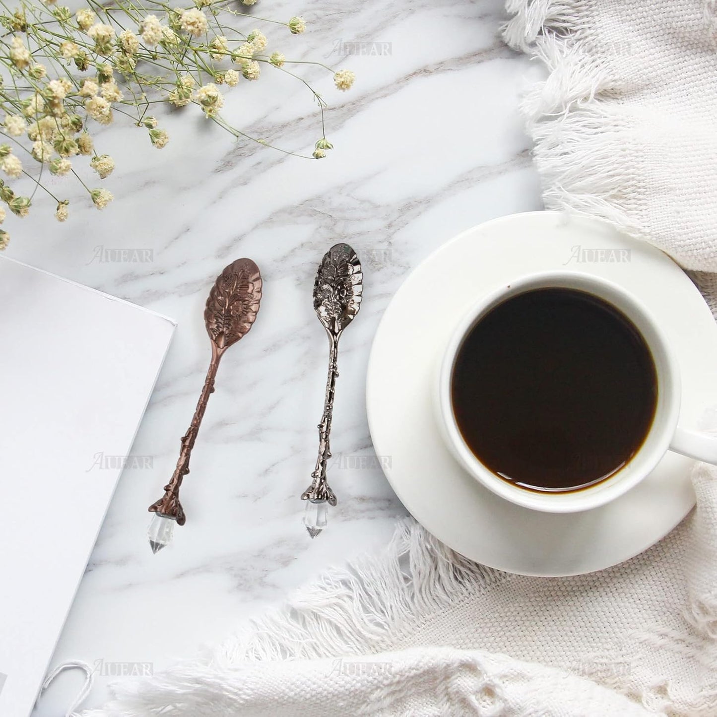 AUEAR, Retro Crystal Antique Alloy Spoon Coffee Tea Dessert Mini Ice Cream Decorative Spoons Set for Home Office (10 Pack)
