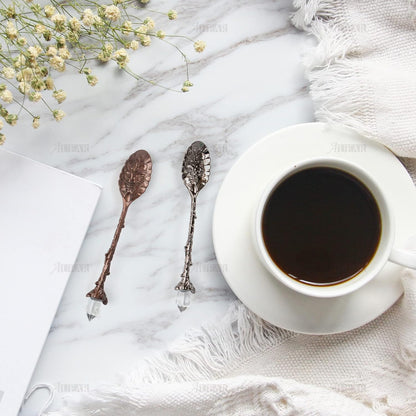 AUEAR, Retro Crystal Antique Alloy Spoon Coffee Tea Dessert Mini Ice Cream Decorative Spoons Set for Home Office (10 Pack)