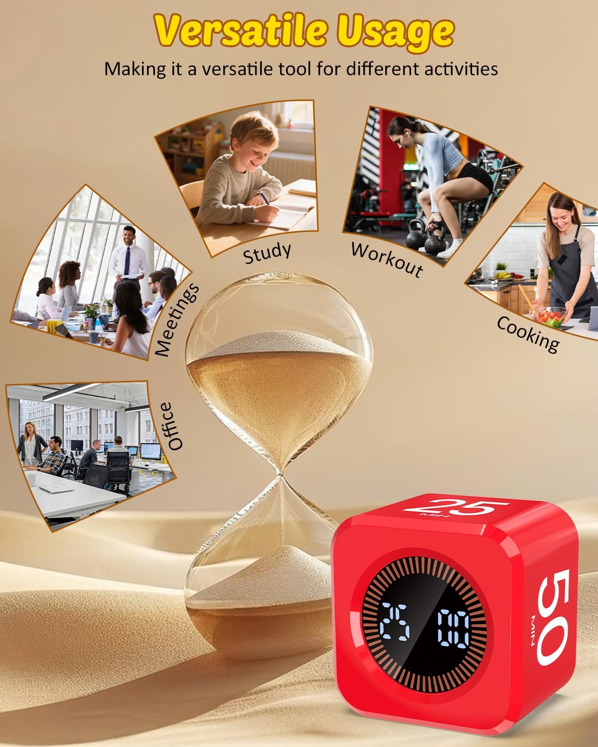 Digital Pomodoro Timer Cube 5/10/25/50min, Visual Productivity Flip Timer for Kids Classroom Desk, Custom Countdown, Silent and Sound Mode for ADHD Study Work Game Kitchen (Orange)