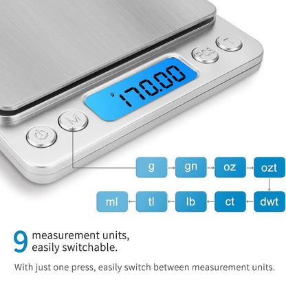 Digital Scale Kitchen 500g 0.01g Food Scale High Precision Kitchen Scale Multifunctional Stainless Steel Pocket Scale with Back-Lit LCD Display Tare PCS Features, 9 Weighing Units Switch