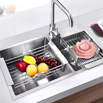 Expandable Over Sink Dish Drying Rack, Stainless Steel Kitchen Organizer, Adjustable Countertop Drainer for Plates, Bowls, Utensils (Gray, Small)