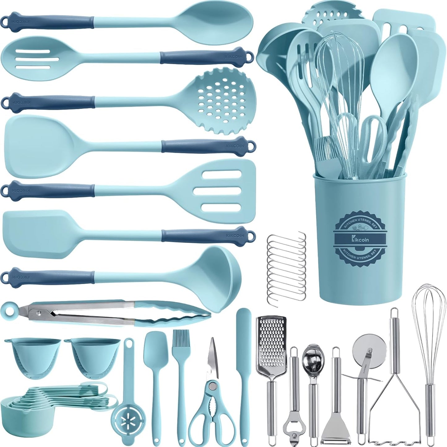 Kikcoin 43Pcs Large Kitchen Utensils Set - Silicone Cooking Utensils Set, Dishwasher Safe Spatula Set for Non-stick Cookware, 446°F Heat Resistant Kitchen Utensils Set with Holder BPA Free, Grey