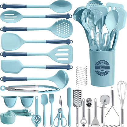 Kikcoin 43Pcs Large Kitchen Utensils Set - Silicone Cooking Utensils Set, Dishwasher Safe Spatula Set for Non-stick Cookware, 446°F Heat Resistant Kitchen Utensils Set with Holder BPA Free, Grey