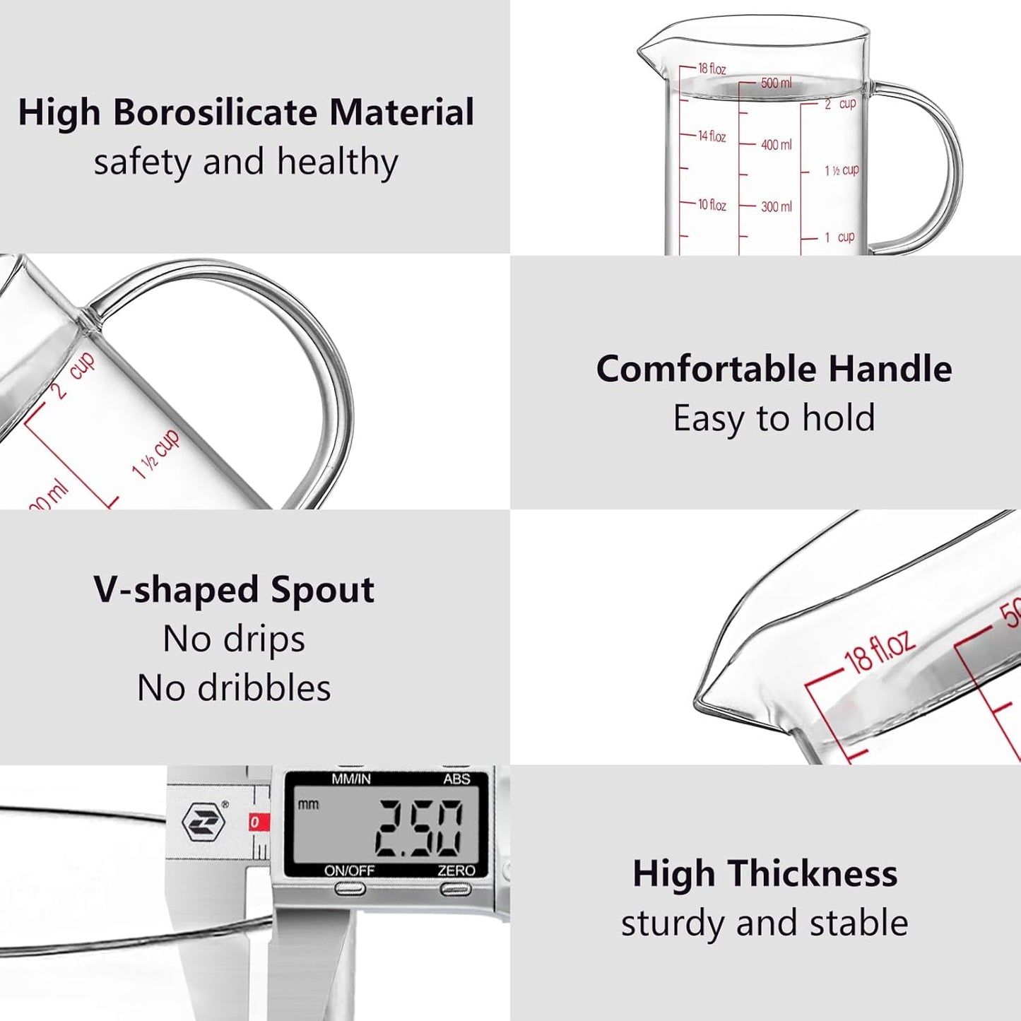 Luvan 34OZ/1000ML Glass Measuring Cup, 4 Cup Glass Measuring Cups With 3 Scales (Ml/Oz/Cup), High Borosilicate Measuring Cup With Handle and V-Shaped Spout, Dishwasher/Freezer/Microwave Safe