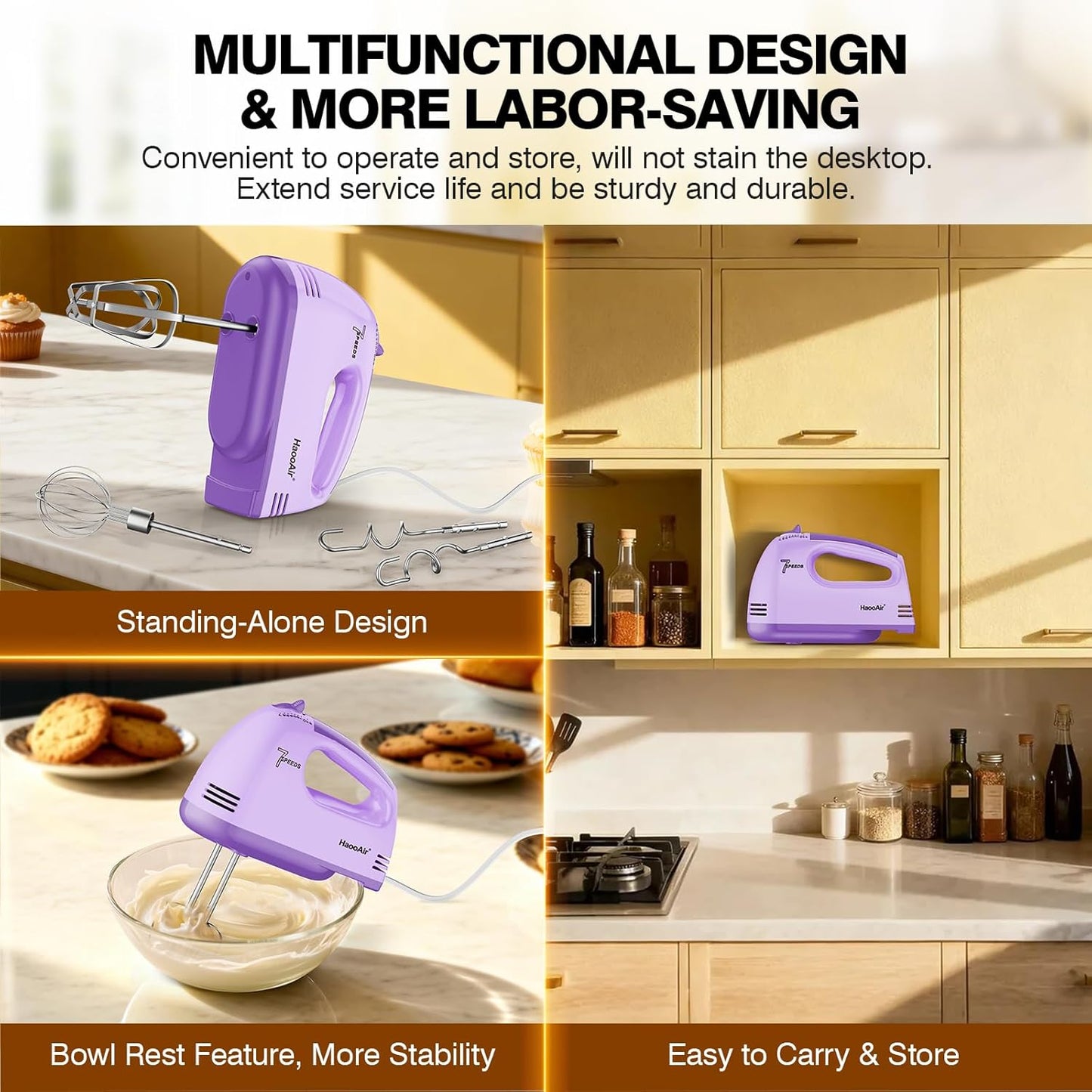 Electric Handheld Mixer, 7-Speed Adjustable Kitchen Mixer, 5 Stainless Steel Accessories (2 * Dough Hooks, 2 * Beaters, 1 * Whisk), Perfect for Kitchen and Baking Food Mixers, Blue