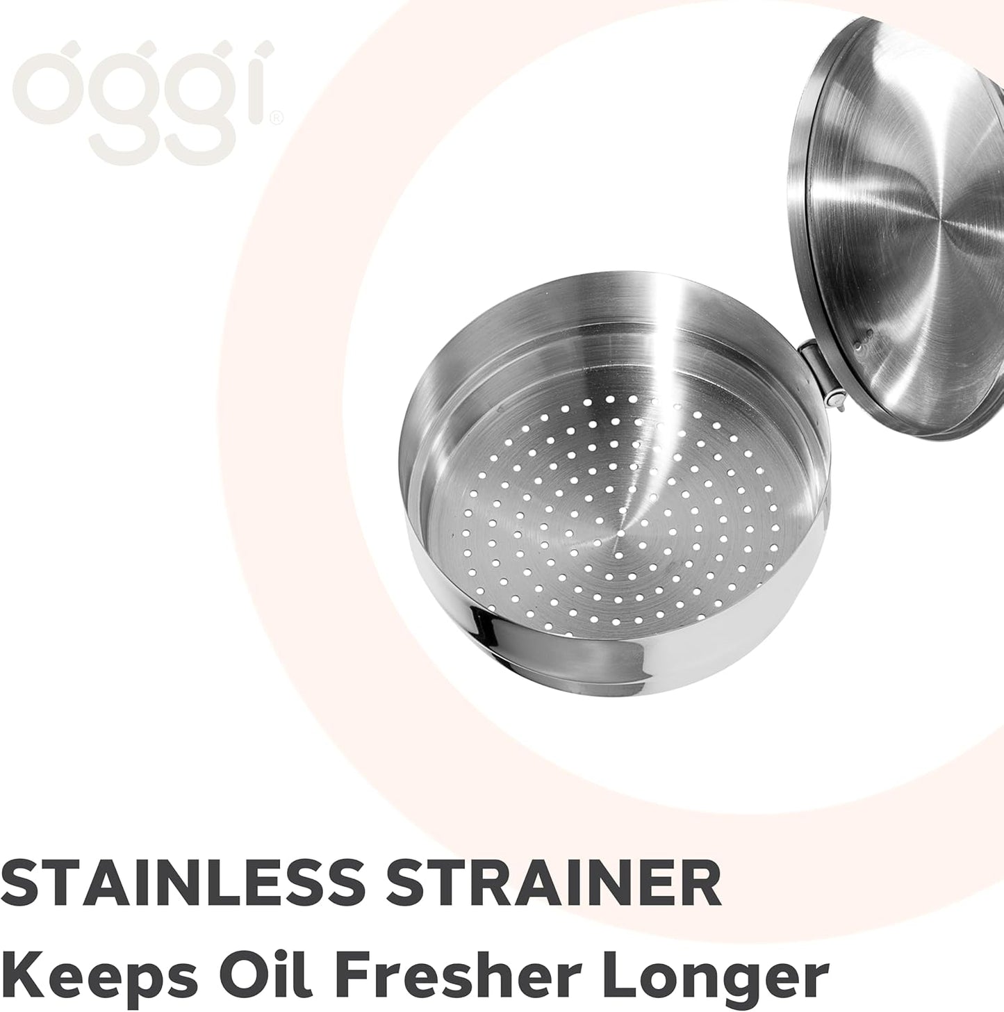 Oggi Stainless Steel Jumbo Grease Container with Removable Strainer and Snug Lid. Perfect container for fryer oil, bacon drippings, lard and ghee oil. Large capacity can - 1 Gall / 4 Qt / 3.75 Lt